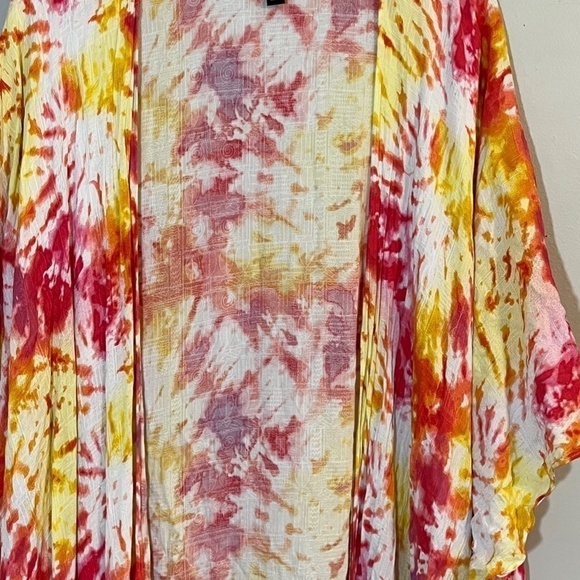 Torrid Kimono Women 22 Pink Open Front Tie Dye Long Duster Yellow Top Summer - Picture 4 of 13